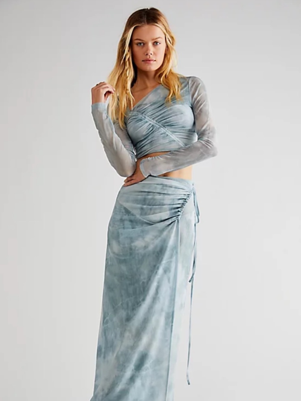 Free People Supernova Misty Blue Sheer Ruched-Waist Maxi Set